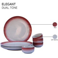 Handcrafted Ceramic Stoneware Dinner Set Of 4 - Ceramic Pack Of 8 Pcs, Red & Off White | 4 Dinner Plates + 4 Bowl Or Katori, 180ml Each - Microwave & Dishwasher Safe | Serving For 4