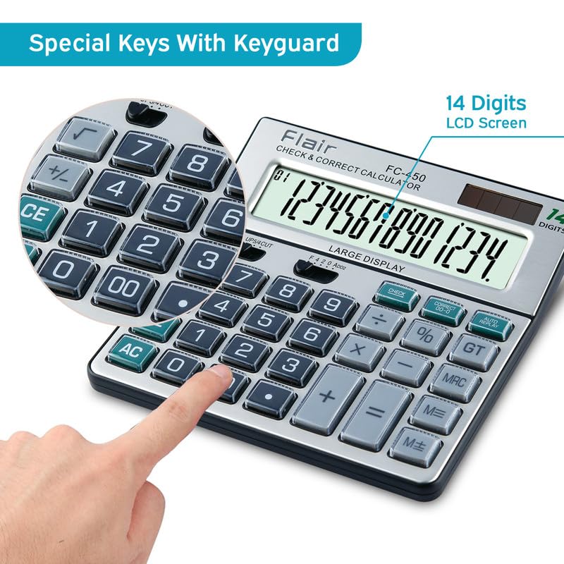 Flair Fc-450 Desktop Series Basic Calculator | 14 Digits Calculator | Special Keys With Key Guard | Best Key Layout | Dual Power With Solar | Auto Replay | 99 Steps Check & Correct | Grey