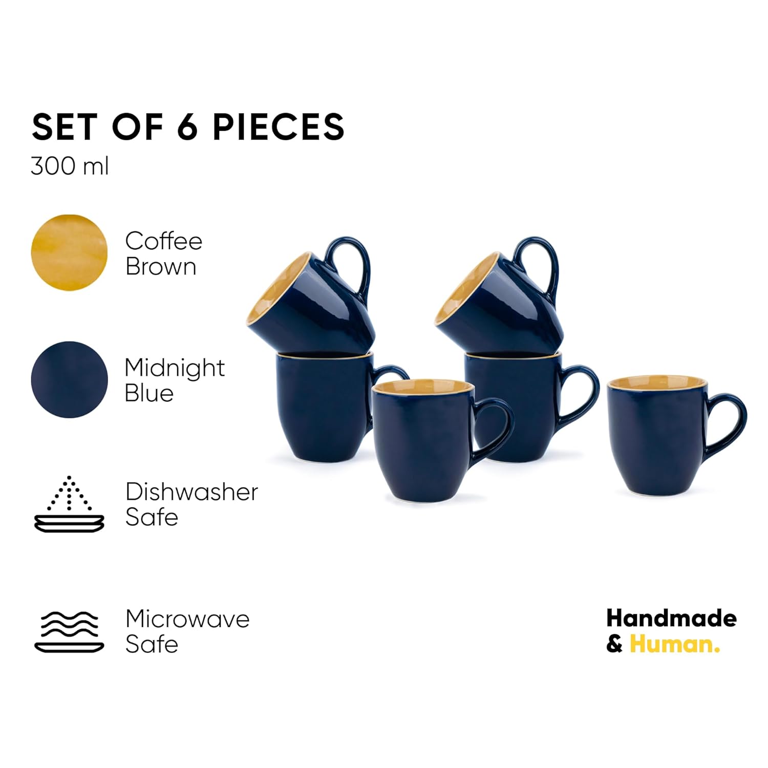 Ceramic Coffee Mug Set Of 6 - 300ml Each, Midnight Blue | Medium Mug With Glossy Finish - Stoneware Coffee Cup Set | Ceramic Cup - Microwave Safe & Dishwasher Safe