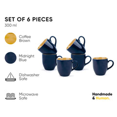 Ceramic Coffee Mug Set Of 6 - 300ml Each, Midnight Blue | Medium Mug With Glossy Finish - Stoneware Coffee Cup Set | Ceramic Cup - Microwave Safe & Dishwasher Safe