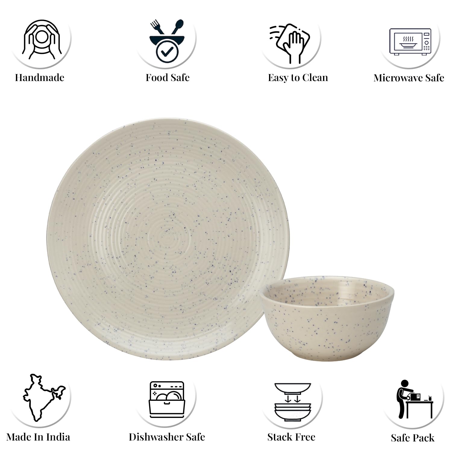 Handcrafted Ceramic Stoneware Dinner Set - Pack Of 12 Pcs, Ivory White | 4 Dinner Plates, 10.6 Inch Each + 8 Salad Bowl, 180ml Each - Microwave & Dishwasher Safe | Crockery Set For Dining & Gifting