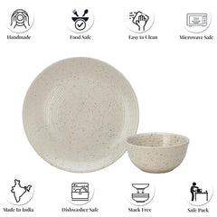 Handcrafted Ceramic Stoneware Dinner Set - Pack Of 12 Pcs, Ivory White | 4 Dinner Plates, 10.6 Inch Each + 8 Salad Bowl, 180ml Each - Microwave & Dishwasher Safe | Crockery Set For Dining & Gifting