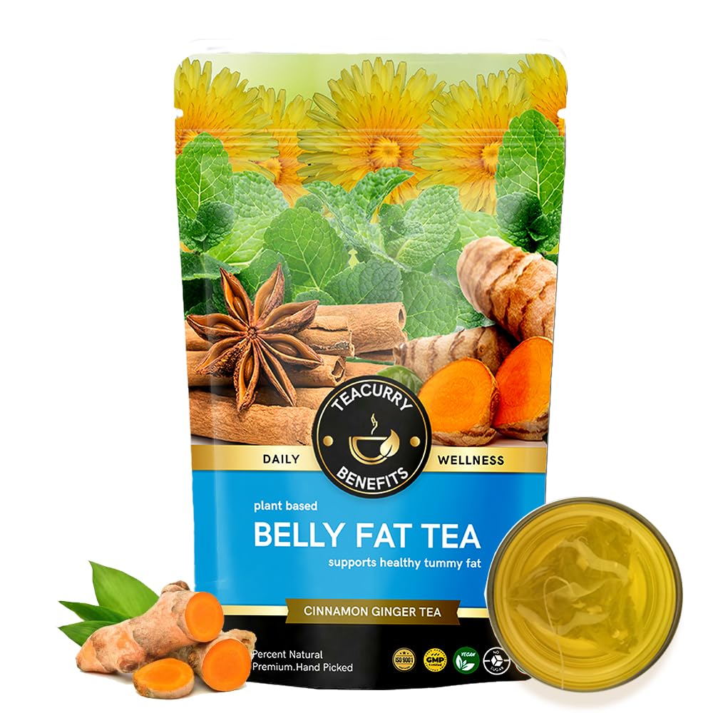 Teacurry Plant Based Belly Fat Tea - Pack Of 2 X 100gm, 3.5 Ounce Each, 100 Cups | Helps With Belly Fat, Water Weight, Bloating - Low Caffeine | Made With Cinnamon, Gymnema Sylvestre, Turmeric