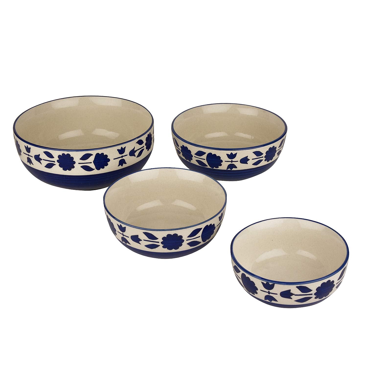 Studio Pottery Hand Painted Dinner Serving Bowl Set Of 4 - 1200ml+650ml+450ml+250ml, Blue Flower | Dinner Serving Donga Set - Stackable Kitchen Bowl Set