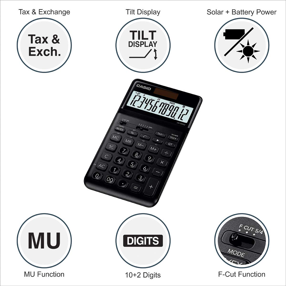 Casio JW-200SC-BK Premium & Stylish Calculator (Black) | 12 Digits, 2-way Powered - Tax Calculation, Currency Exchange Calculation
