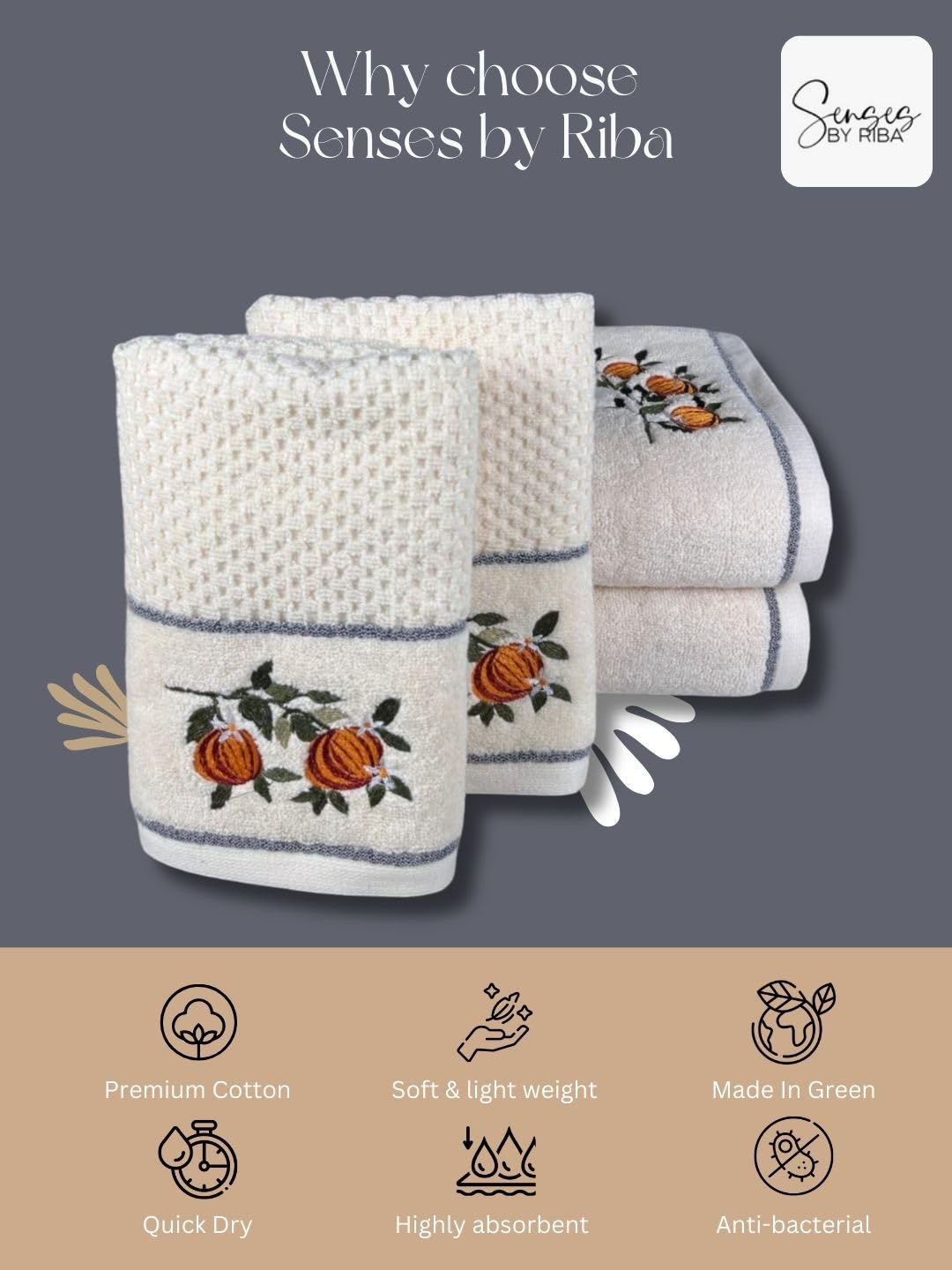 Senses By Riba All Cotton 550 Gsm Embroidered Bath Towel Set - Pack Of 4 (Style 15)