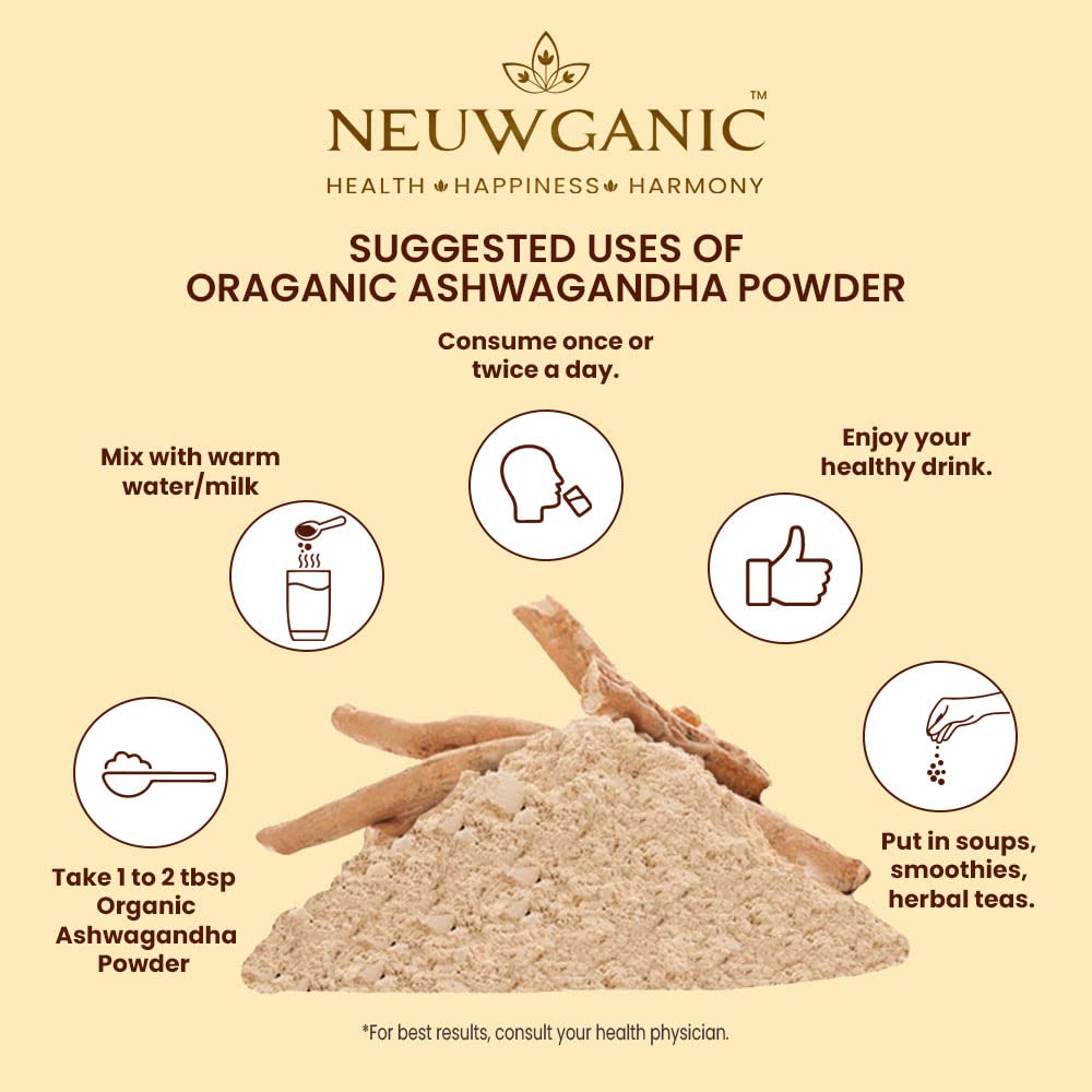 Neuwganic Organic Ashwagandha Powder (Root) India Organic & Usda Organic Certified, Ashwagandha Churna - Important For Vitality & Strength | 500gm 1.1lbs