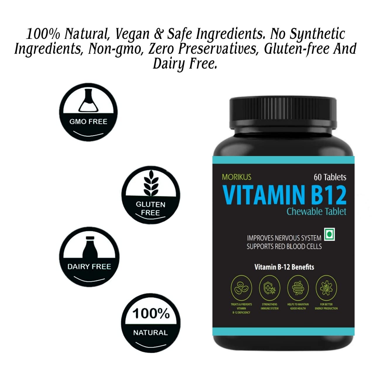 Morikus Vitamin B12 With Active Form Of Methyl Cobalamin With Folic Acid+ Vitamin B6 In Strawberry Flavour Chewable Tablets For Brain Cells & Nerve Tissue Support | 60 Veg Tablets, 100gm 0.2lbs