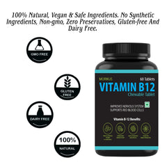 Morikus Vitamin B12 With Active Form Of Methyl Cobalamin With Folic Acid+ Vitamin B6 In Strawberry Flavour Chewable Tablets For Brain Cells & Nerve Tissue Support | 60 Veg Tablets, 100gm 0.2lbs