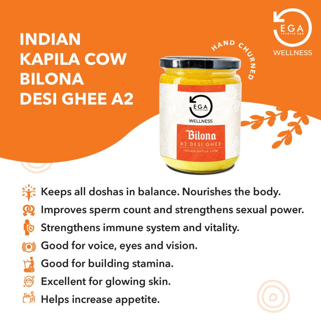 100% Natural Indian Kapila A2 Desi Cow Ghee By Ega Wellness | High In Protein Fiber & Nutrients Healthy Desi Ghee Good For Desserts | (500ml) 16.9 Ounce | Jar Pack