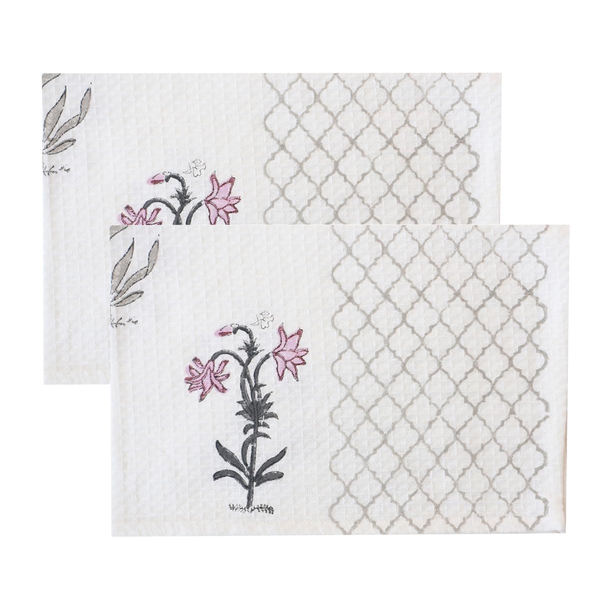 Urbano Homz 100% Cotton Large Size 2 Piece Waffle Weave Hand Towel 200 Gsm | Set In Beautiful Paisley Design (Teal & Pink Flowers)
