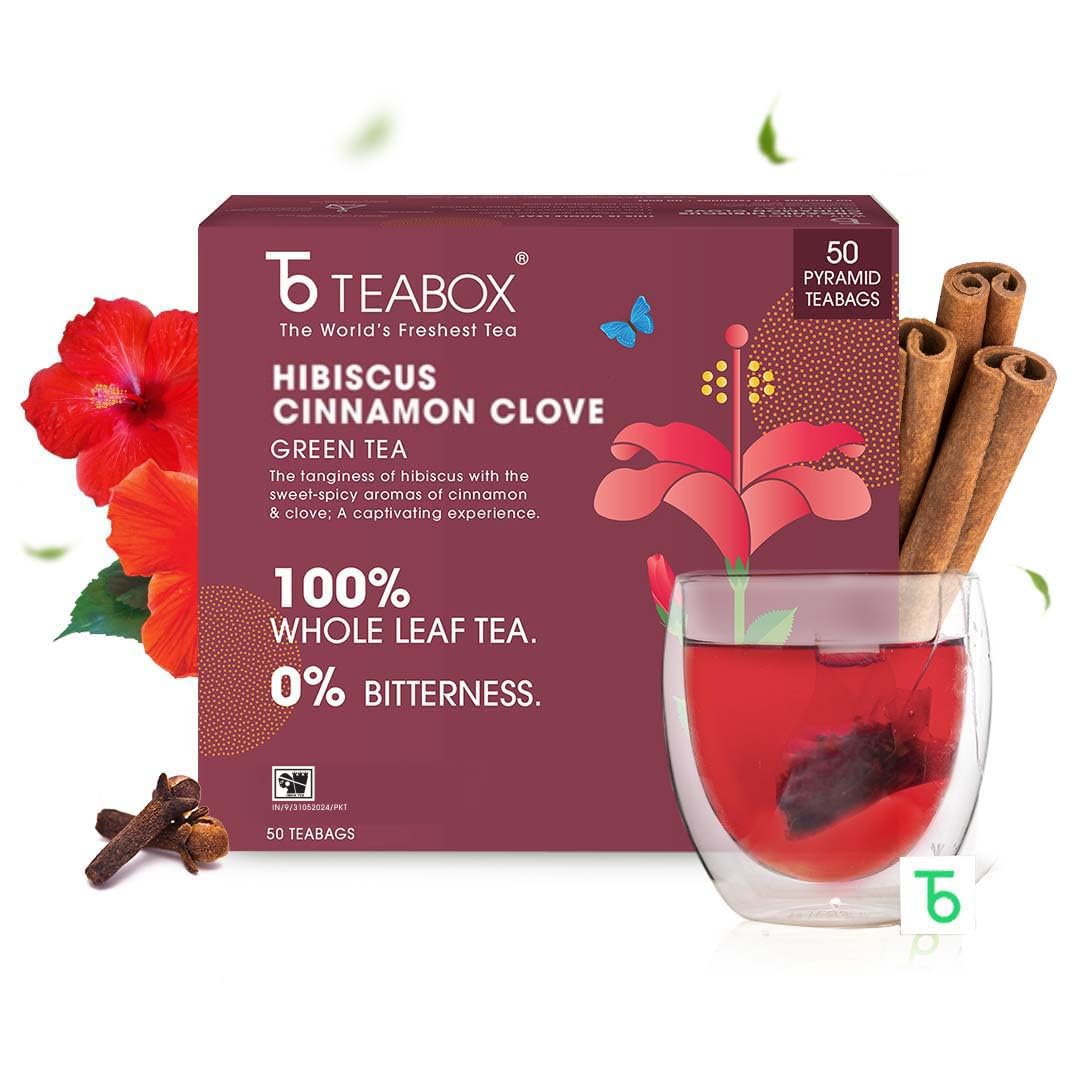 Teabox Hibiscus Cinnamon Clove Green Tea - 50 Pyramid Tea Bags | Natural Hibiscus, Cinnamon & Clove - Antioxidant Rich, Improves Immunity | Low Caffeine, 0% Bitterness