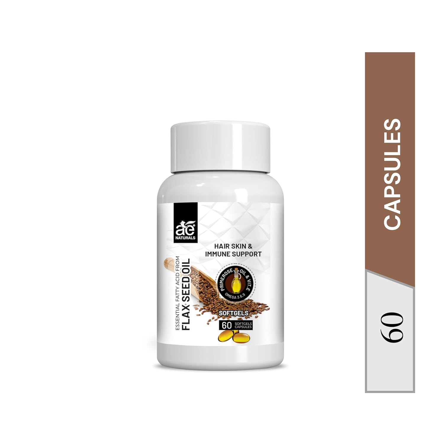 Ae Naturals Flaxseed Oil Capsules With Omega - 3 6 9 & Vitamin D3, Healthy Skin, Heart & Immunity Booster | 60 Capsules 100gm 0.2lbs