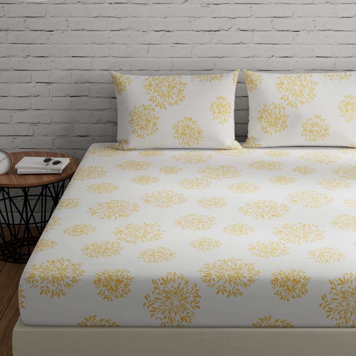 Flat Bedsheet For Double Bed With 2 Pillow Covers - 88 X 96 Inches, White (Yellow Print) | Comfort Fabric Bedsheet Home, Hotel & Guest House
