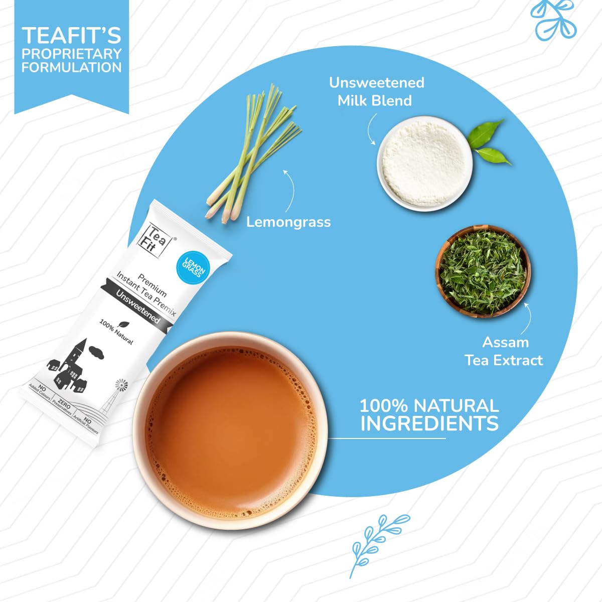 Teafit Unsweetened Instant Lemongrass Tea Premix - Pack Of 30 Sachets, 420gm, 14.8 Ounce | Premium Milk Tea Premix, Just Add Water - Strong Home Like Chai Tea | Low Caffeine