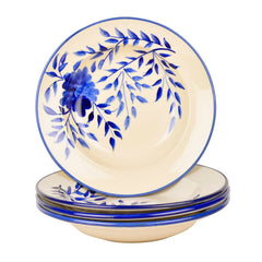 Hand Painted Premium Ceramic Floral Deep Pasta Plates Set Of 4 - Diameter: 9.5 Inches, Blue & Off White | Soup Plates - Maggi Plates