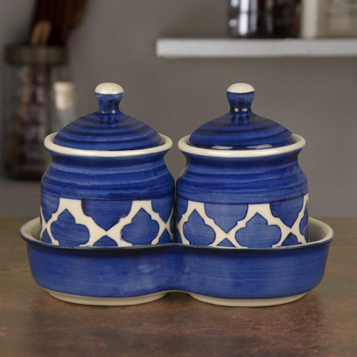 Ceramic Pickle Serving Jar Set With Tray Set Of 2 - 200ml Each, Blue & White | Condiment Set - Pickle Jar Set For Dining Table | Masala Container