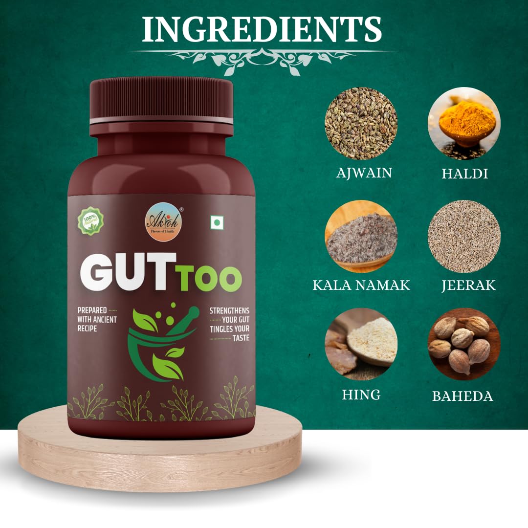 Akioh Gut Too- Gut Strength Effective Solution For Common Digestive Problems, Certified 100% Natural & Pure Powder, Supplements For Stomach Health & Indigestion | 200gm 0.4lbs