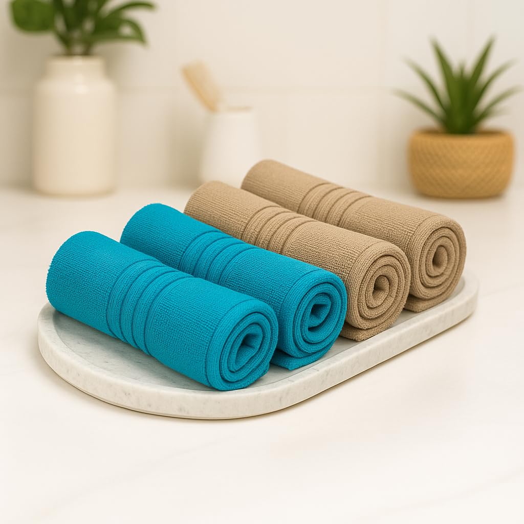 Akiko Home 100% Cotton Essential Series Face Towel 600 Gsm | Soft Absorbent & Durable Washcloth For Men & Women, Compact Travel Towel -Pack Of 4 (Teal & Beige)