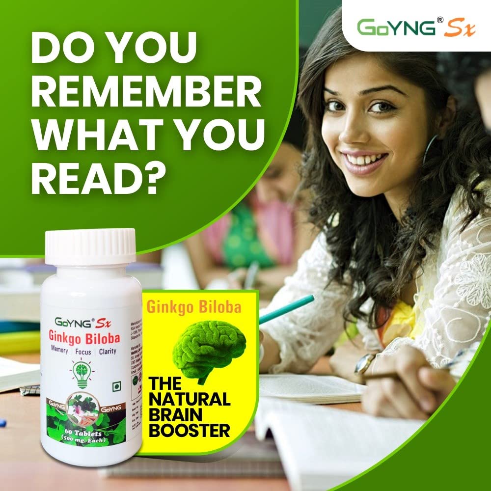 Goyng Ginkgo Biloba With Ashwagandha & Brahmi For Memory, Focus & Brain Booster | 60 Tablets 100gm 0.2lbs
