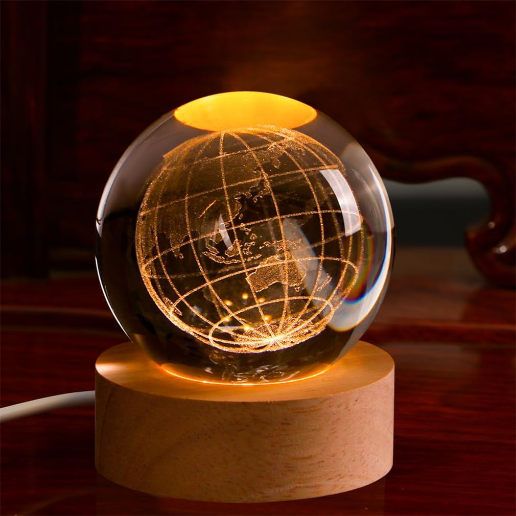 3D Earth Crystal Ball Night Light Glass Ball Night Lamp With Wooden Base, Led Galaxy Planet Night Light Bedroom Decor For Multi Purpose Warm White Light (Globe) Pack Of 1