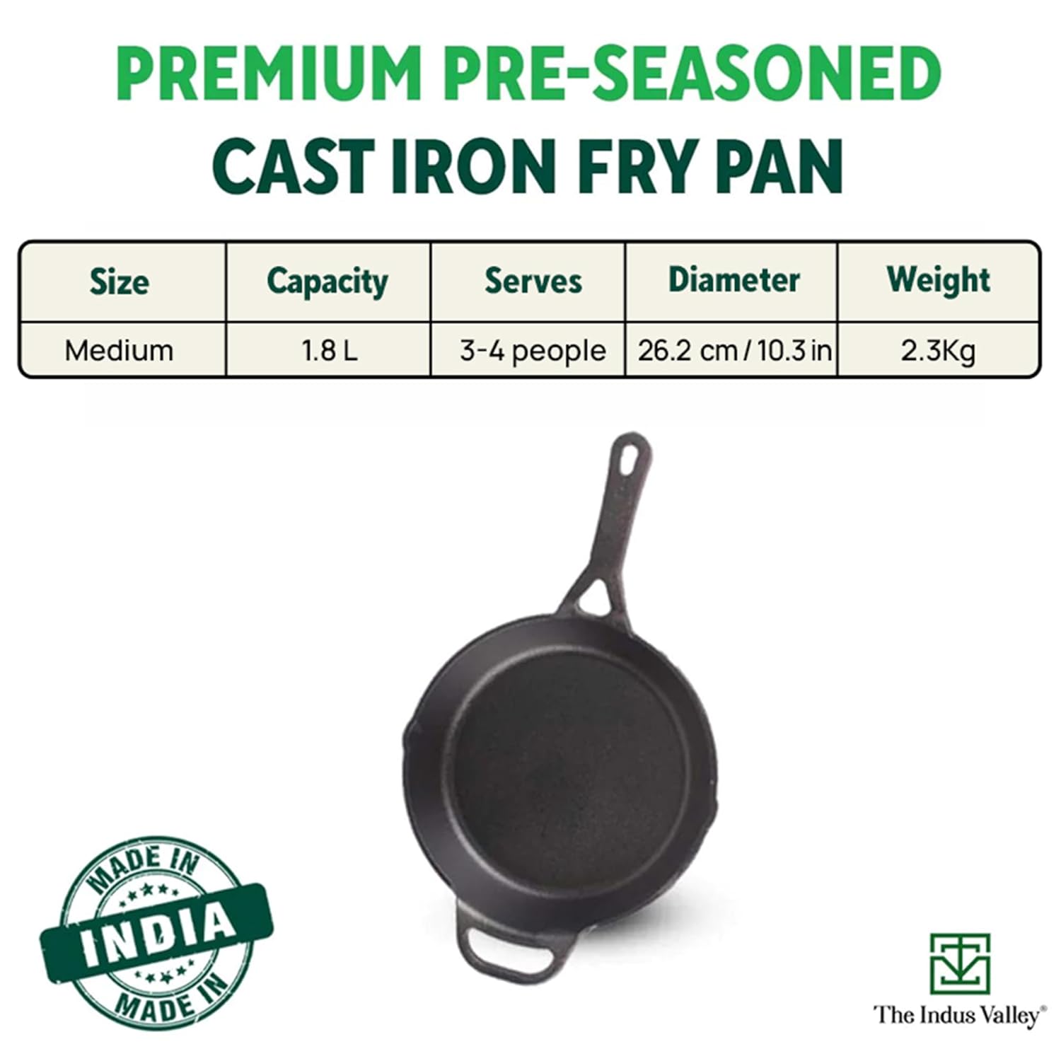 Pre-Seasoned Black Cast Iron Fry Pan Or Skillet With Long Handle - Medium 26.2cm, 10.3 Inch, 1.8 Ltr, 2.3 Kg | Induction Friendly, Nonstick Fry Pan, 100% Pure & Toxin Free, No Chemical Coating