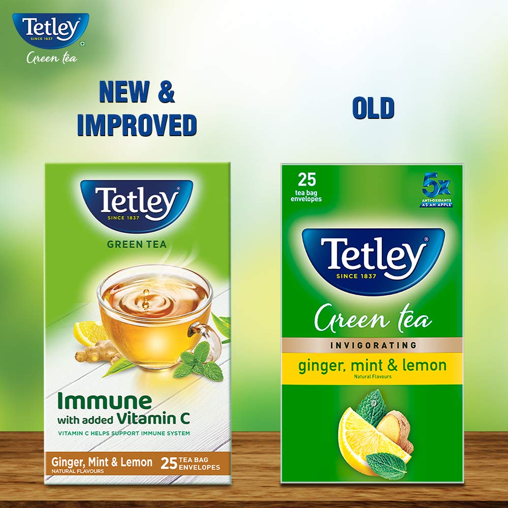 Tetley Ginger, Mint & Lemon Green Tea - 25 Tea Bags Envelopes | Immune With Added Vitamin C - Rich In Antioxidants, Low Caffeine