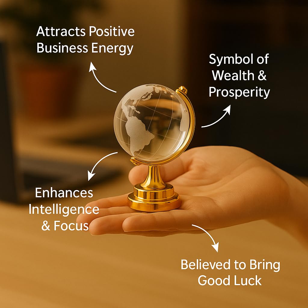Fengshui Crystal Globe With Golden Stand For Positive Energy, Success, Good Luck & Prosperity, Vastu Remedy For Home Childrens Study Table & Office (Glass, White) Pack Of 1