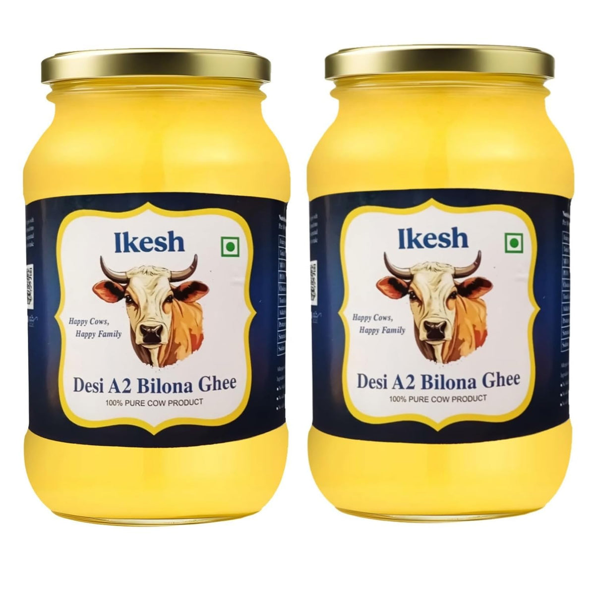 Natural A2 Bilona Cow Desi Ghee By Ikesh | High In Protein Fiber Healthy Desi Bilona Method Ghee Perfect For Baking & Frying | 2 Litre (1 Litre * 2) 67.6 Ounce | Jar Pack