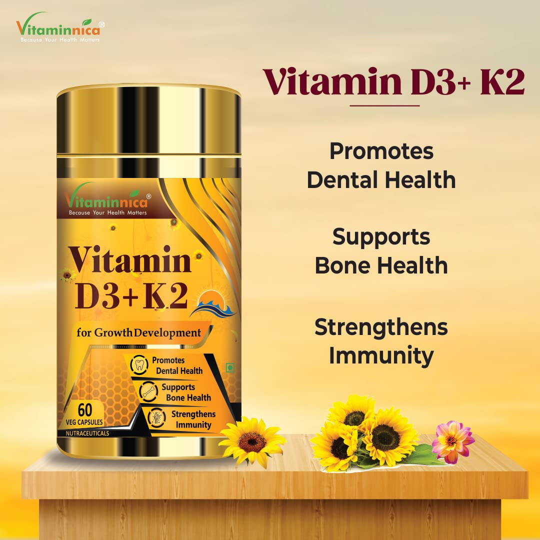 Vitaminnica Vitamin D3+ K2 , Support Bone & Heart Health For Men & Women | 60 Capsules 100gm 0.2lbs