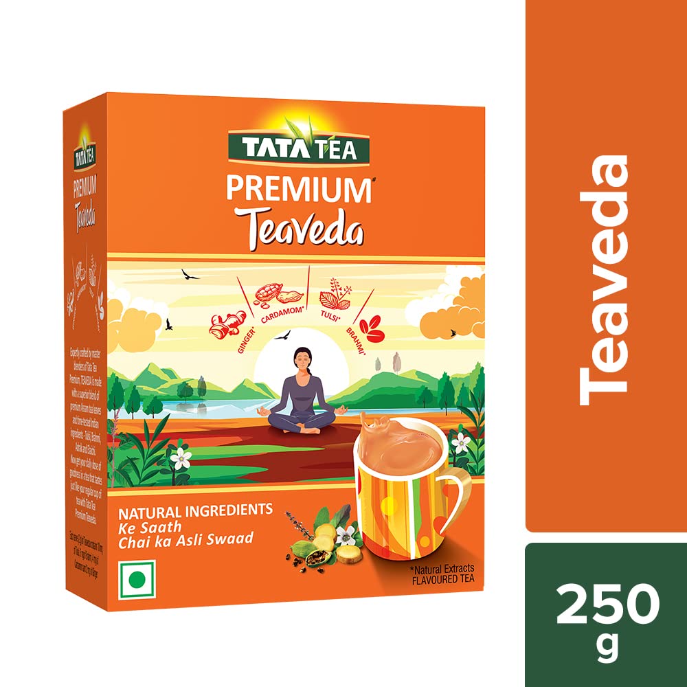 Tata Tea Premium Teaveda Assam Tea Leaves - 250gm, 8.8 Ounce | With Goodness Of Time-Tested Indian Ingredients -Tulsi, Elaichi, Ginger & Brahmi | Medium Caffeine Chai Patti