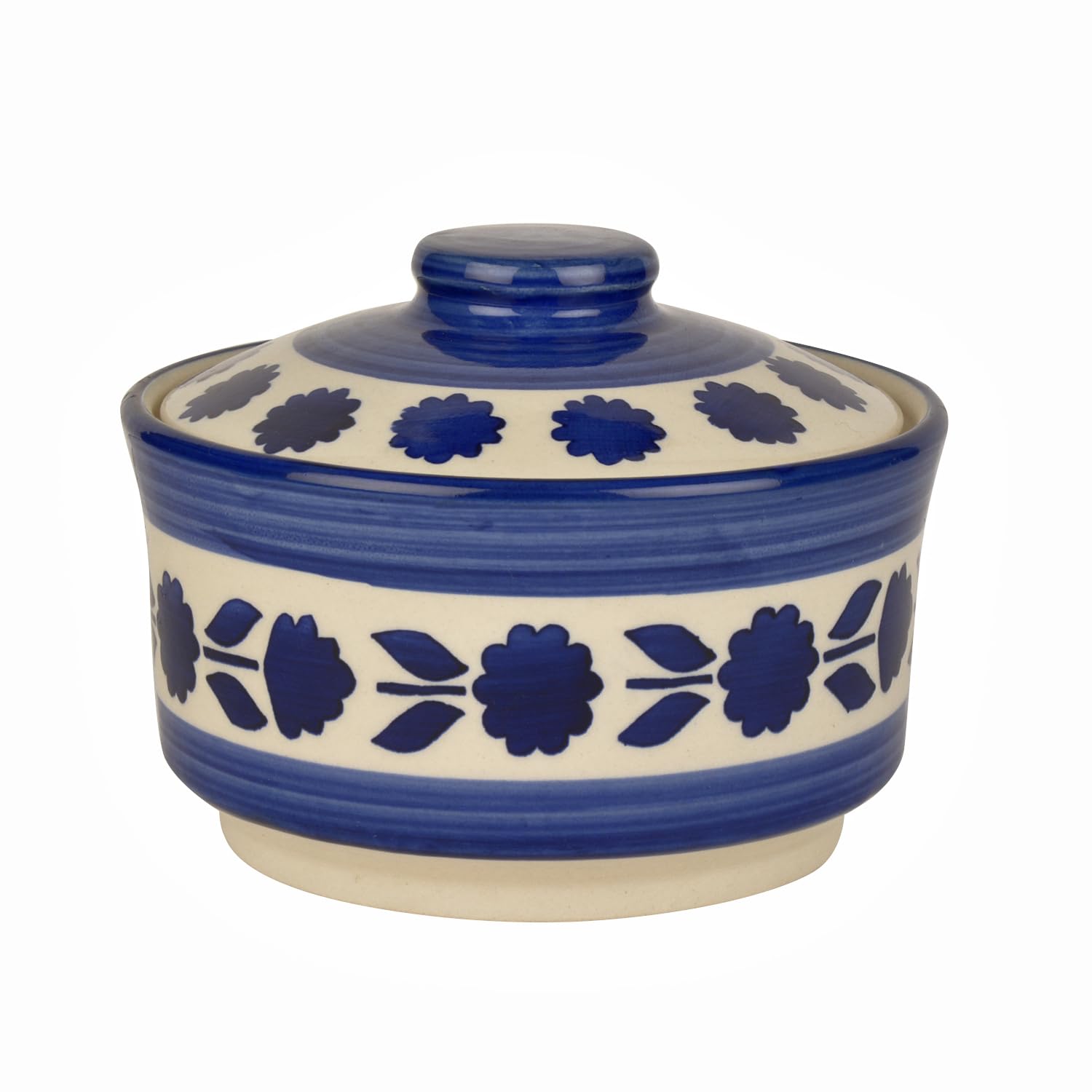 Studio Pottery Hand Painted Ceramic Serving Donga With Lid Casserole Set Of 3 - 900ml, 500ml & 300ml, White & Blue | Dinner Serving Set - Stackable Kitchen Bowl Set