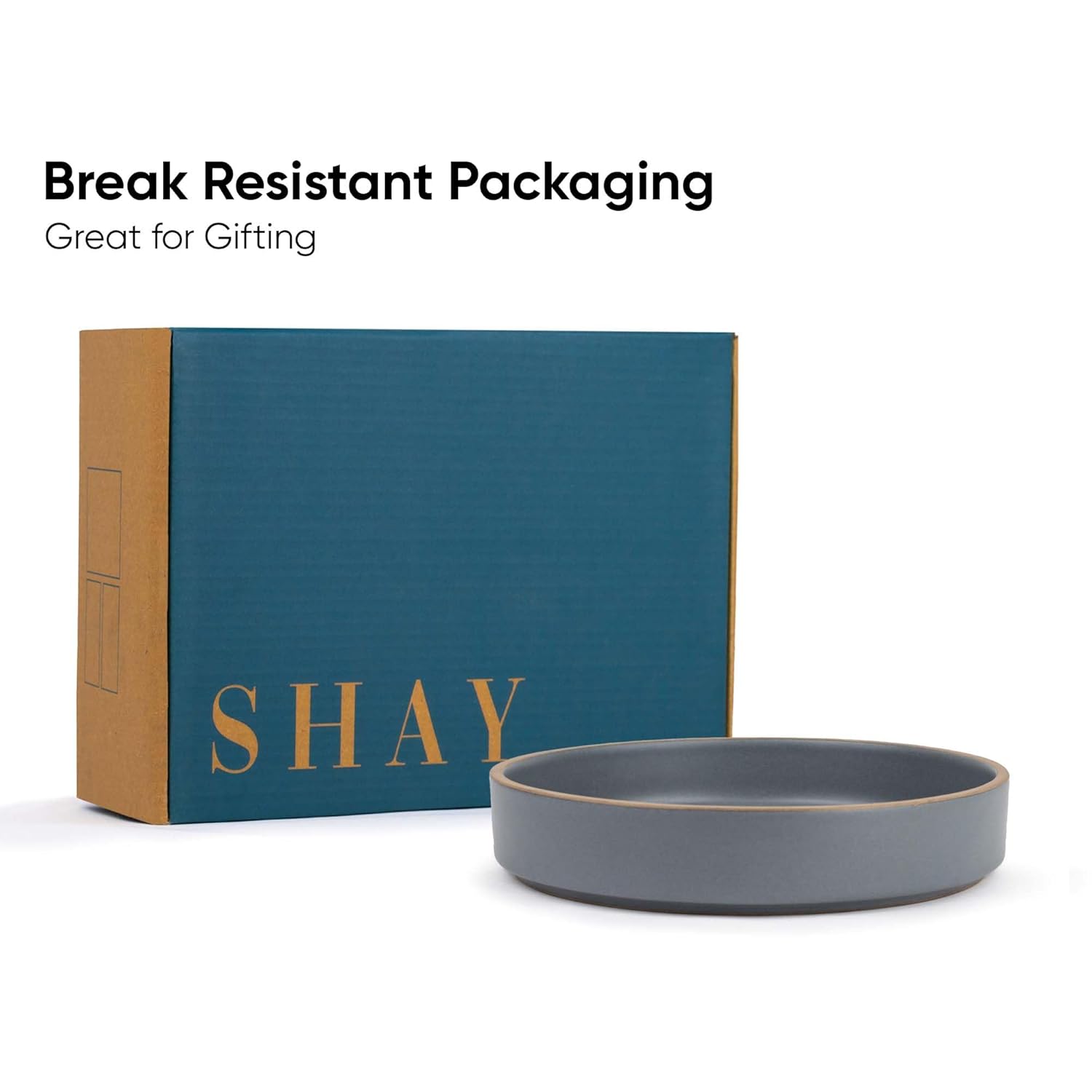 Stackable Ceramic Pasta Bowl Set Of 2 Pieces - 22cm, Grey With Brown Rim | Ceramic Pasta Plate With Matte Finish | Deep Plate - Ceramic Bowl | Pasta Serving Plate