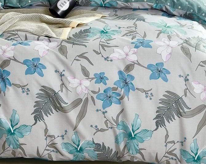 Soft Cotton Super King Size Bedsheet With 2 Large Size Pillow Covers - 108 X 108 Inches, Grey & Aqua | 240 Thread Count Suitable For All Seasons & Easy To Wash