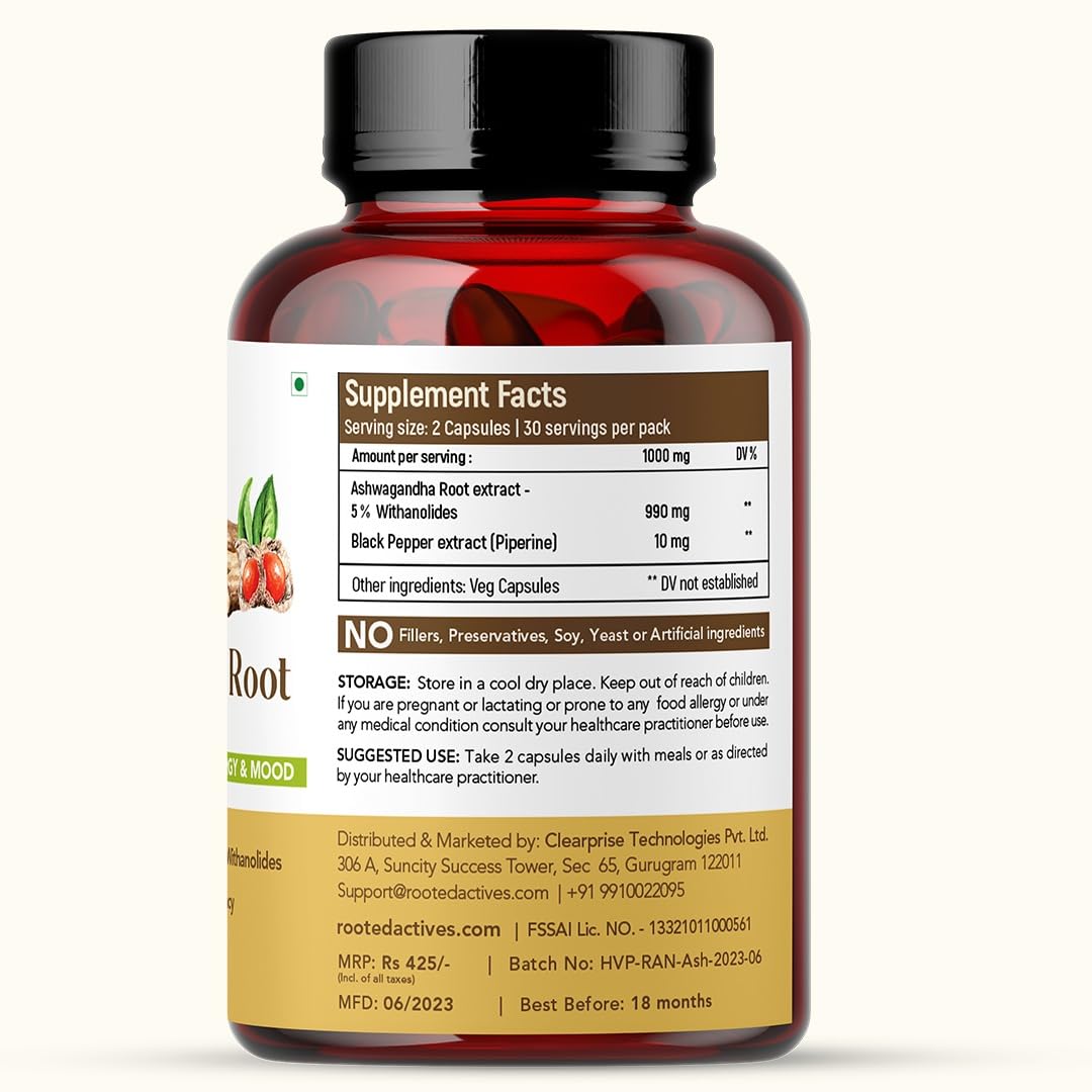 Rooted Ashwagandha Root Capsules 5% Withanolides, Pure Extract, Supports Stress, Anxiety Relief, Energy & Immunity 500mg | 60 Veg Tablets 100gm 0.2lbs