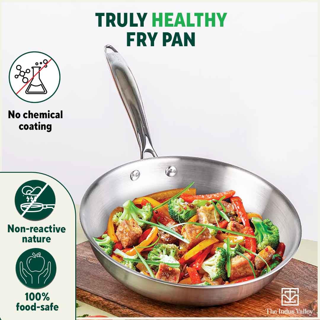 Triply Stainless Steel Fry Pan With Free Wooden Spatula For 3-4 People - Large, 26cm, 10.2 Inch, 1.9 Liters, 1.1 Kg | Induction Friendly, Nonstick 3-Layer Body, Toxin-Free, No Chemical Coating