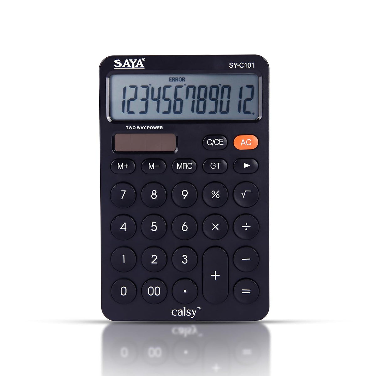 Saya 12-digit Desktop Calculator | Dual Power: Solar & Battery | Ergonomic Comfort Design | Large Display | Ideal For Office & School Use | 3-year Warranty | Reliable & Durable - Black.