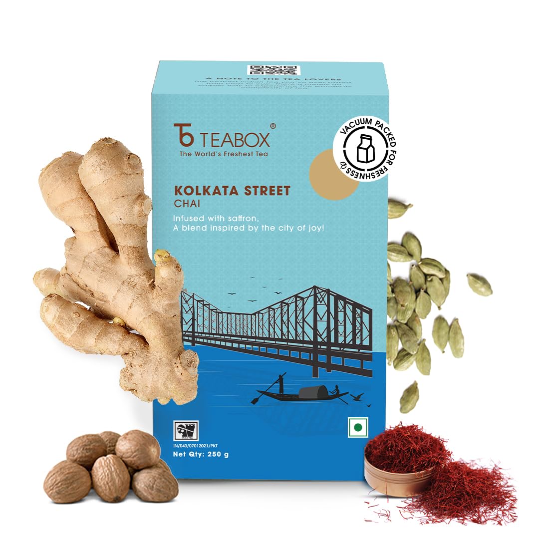 Teabox Kolkata Street Chai Tea - 250gm, 8.8 Ounce | Blended With Saffron, Cardamom, Nutmeg & Ginger Exquisite Aromas Of Saffron - Inspired By The City Of Joy | Low Caffeine