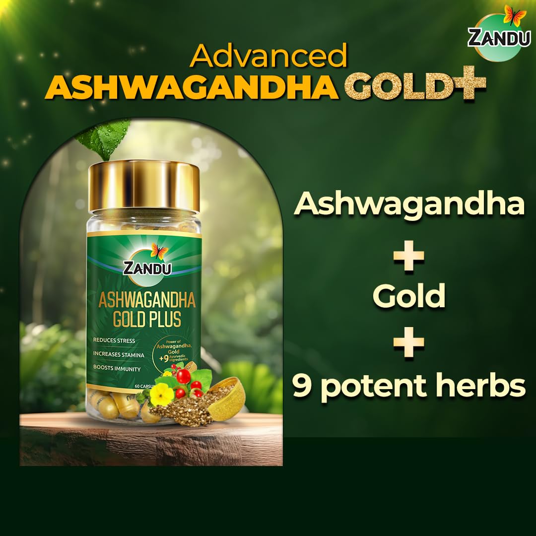 Zandu Ashwagandha Gold Plus Made With Gold, Ashwagandha, Safed Musli, Shilajit & Other Ayurvedic Ingredients, Helps To Boost Stamina, Strengthens Immunity | 60 Capsules 100gm 0.2lbs