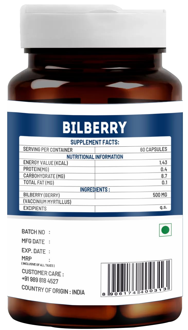 Vitawin Bilberry For Healthy Vision & Eye Care, Ultimate Health & Nutrition Supplements, Helps To Support Healthy Eye Function 500mg | 60 Veg Capsules 100gm 0.2lbs