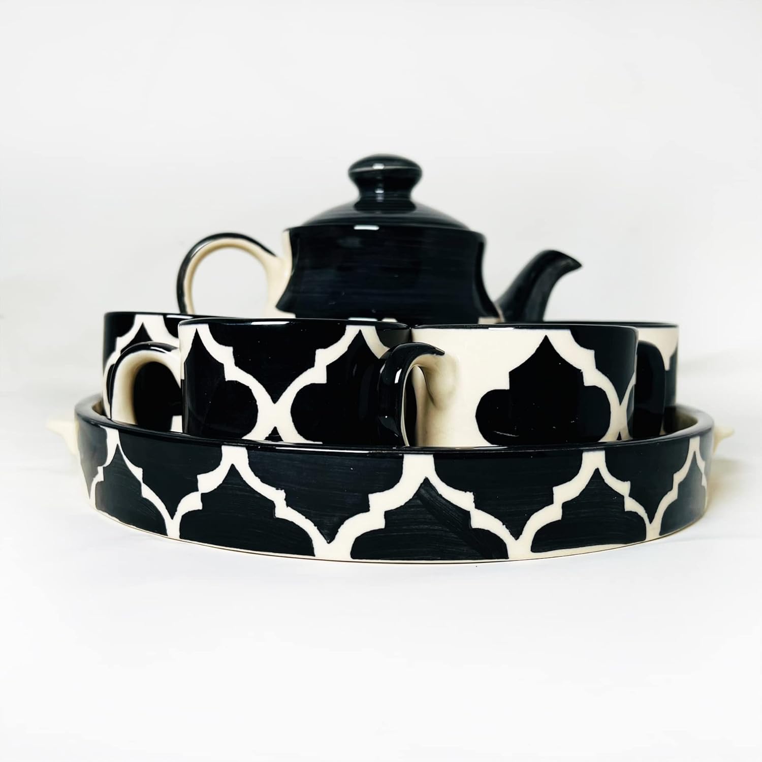Hand Painted Black Moroccan Tea Set With Kettle - Ceramic Tea Kettle Set With 4 Cups, 150ml Each + 1 Kettle, 700ml + 1 Tray | 6 Pieces - Microwave Safe & Dishwasher Safe