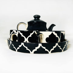 Hand Painted Black Moroccan Tea Set With Kettle - Ceramic Tea Kettle Set With 4 Cups, 150ml Each + 1 Kettle, 700ml + 1 Tray | 6 Pieces - Microwave Safe & Dishwasher Safe