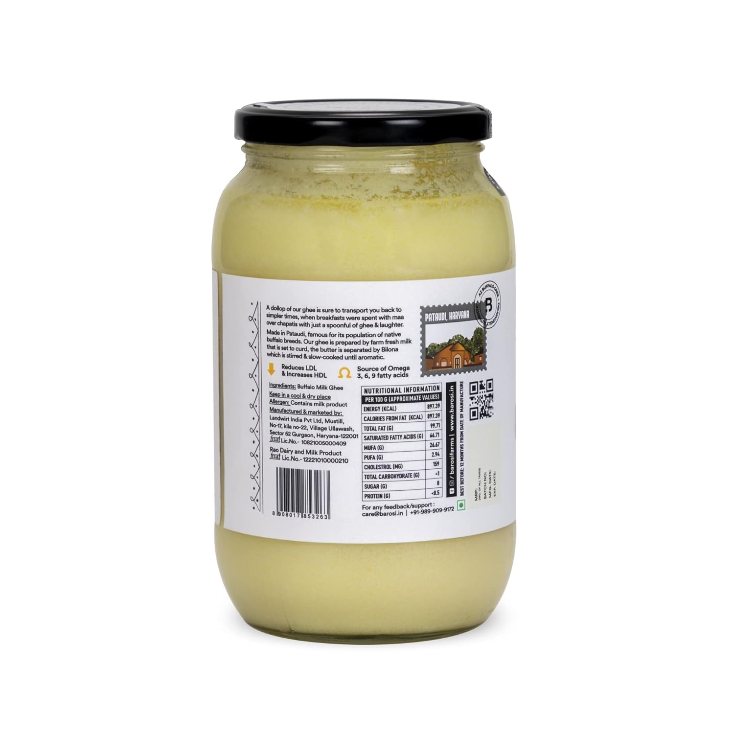 Natural A2 Buffalo Ghee By Barosi | Rich In Vitamins A, E & Healthy Cow Desi Ghee Good For Improves Eyesight | (1 Litr) 33.8 Ounce | Jar Pack