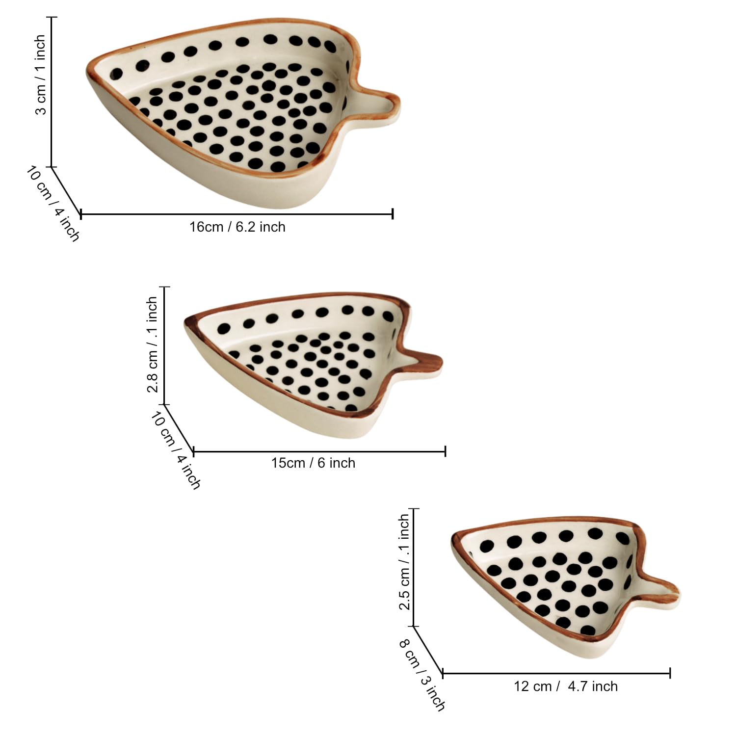 Leaf Shaped Hand Painted Ceramic Glossy Tray - Set Of 3, White, Black Dots | For Serving Cookies, Dry Fruits, Sweets & Snacks, Length – 16 Cm, 15 Cm & 12 Cm | Small Platter Set