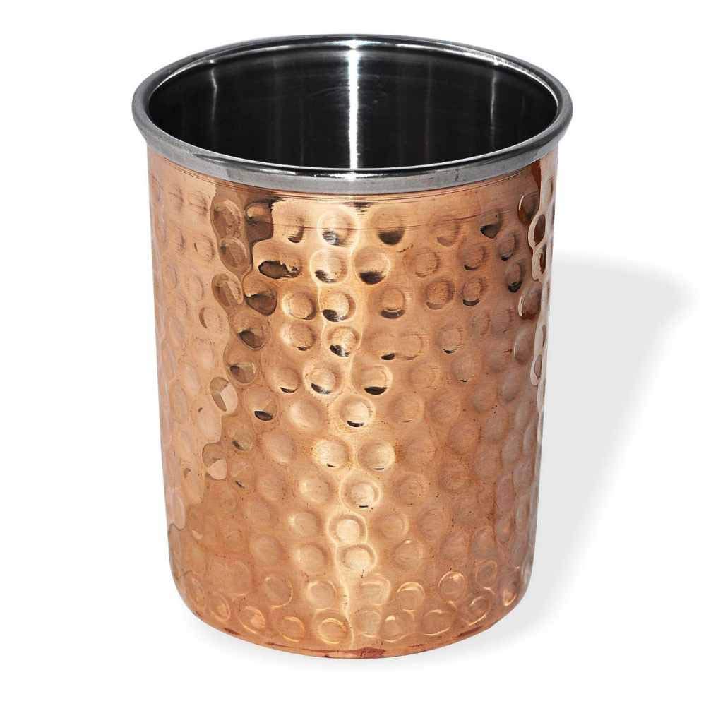 Stainless Steel & Copper Dinner Thali Set - 8 Pieces Golden | 1 Thali+ 3 Bowls+ 1 Pudding Bowl+ 1 Spoon+ 1 Fork Spoon+ 1 Glass