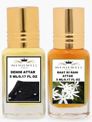 Menjewell Raat Ki Rani + Denim Attar Perfume 2x 0.17 Fl.oz. Pack Of 2 | Unisex Fragrance | Long Lasting