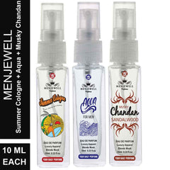 Menjewell Summer Cologne + Aqua For Men + Musky Chandan Sandalwood Eau De Parfum 10ml 0.3 Fl.oz. Each Pack Of 3 | Pocket Perfume