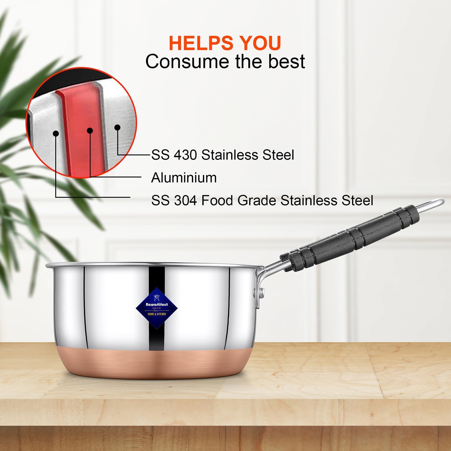 Silver Stainless Steel Copper Bottom Gas Stove, Flat Base Sauce Pan With Handle | Tea Pan, Milk Pan, Tapeli Patila, Sauce Pot Cookware With Handle, 1500ml