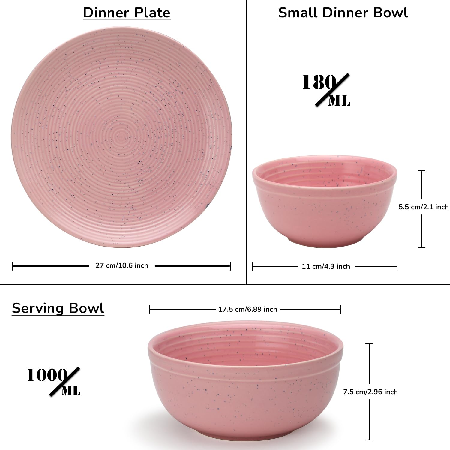 Handcrafted Ceramic Stoneware Dinner Set Of 10 Pcs With Serving Bowl Set - Blush Pink | 4 Dinner Plates, 10.6 Inch Each + 4 Small Dinner Bowl, 180ml Each+ 2 Serving Bowl, 1000ml Each