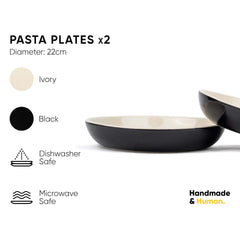 Ceramic Pasta Bowl Set Of 2 Pcs, 22cm - Black Outside, 300ml Each | Stoneware Ceramic Serving Bowls With Glossy Finish | Pasta Plate - Deep Plate | Ceramic Bowl - Pasta Serving Plate